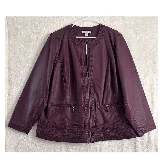 NWT CJ Banks Faux Leather Zip Jacket 1X Burgundy Embroidered - Picture 1 of 10